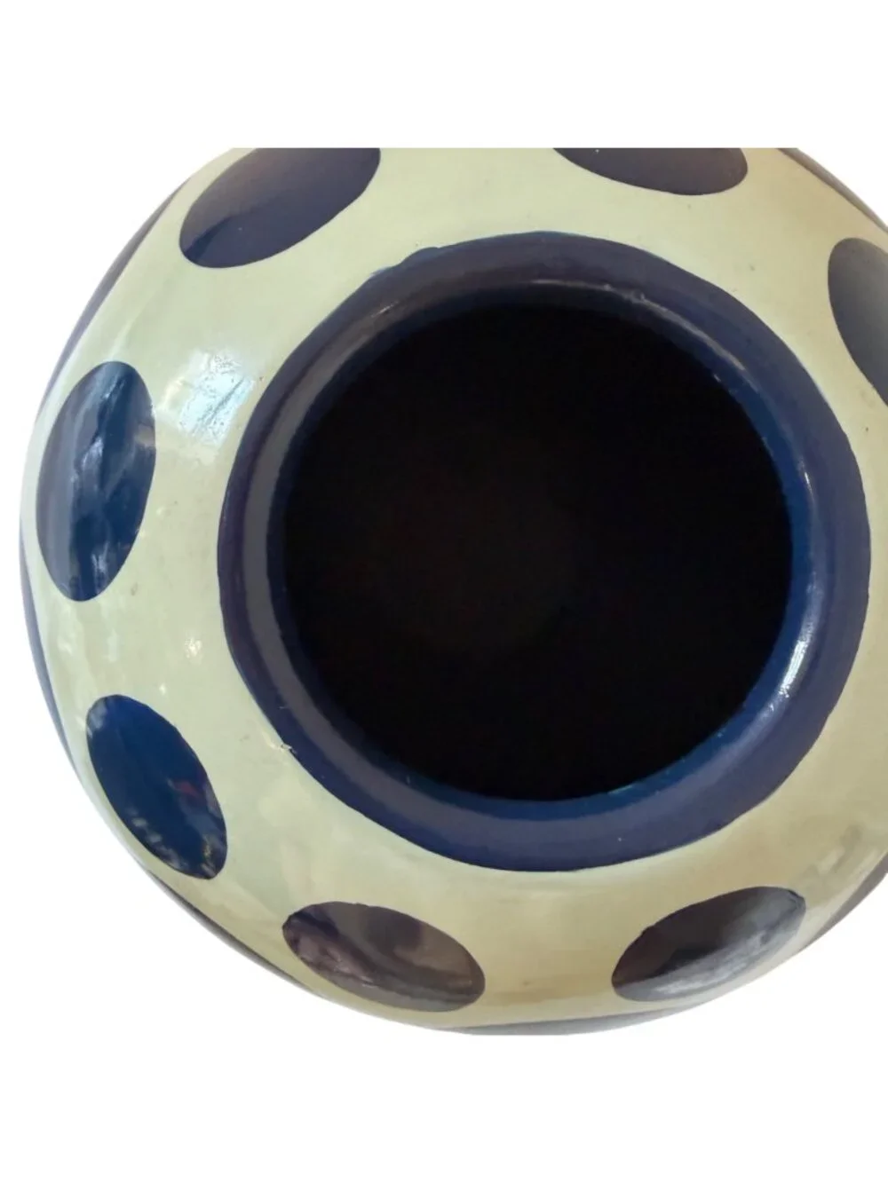 Vintage TOYO Ceramic Globe Vase Navy Blue Polka Dot Orb MCM Pottery 6 1/2